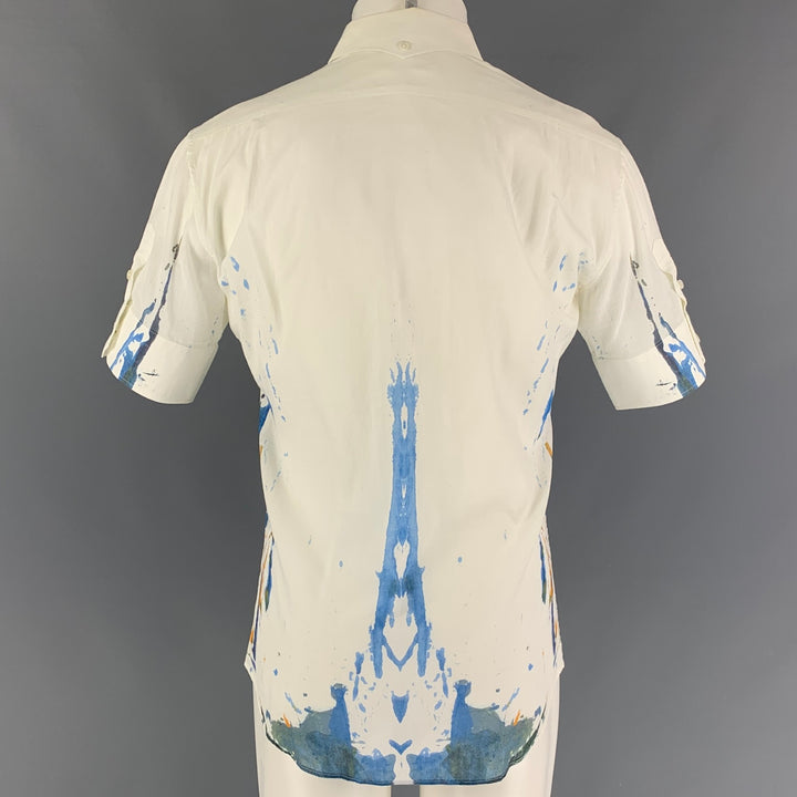 ALEXANDER MCQUEEN Size M White Blue Splattered Cotton Short Sleeve Shirt