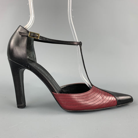 LAMBERTSON TRUEX Talla 7 Zapatos de tacón con tira en T de cuero negro y rojo