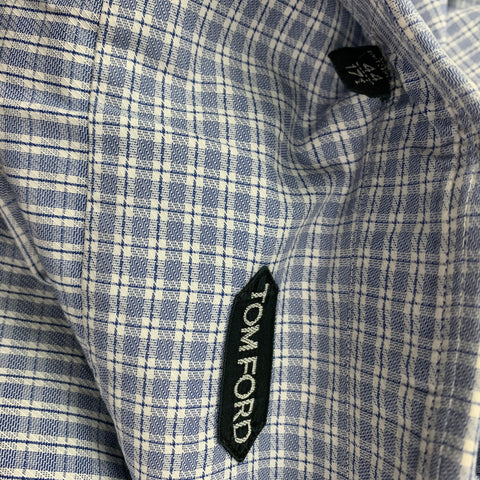 TOM FORD Size XL Blue & White Checkered Cotton Button Down Long Sleeve Shirt