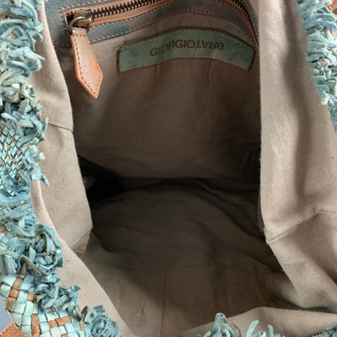 GIORGIO BRATO Green Tan Woven Leather Tote Bag