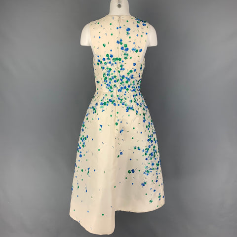 MONIQUE LHUILLIER Size 6 Cream Blue Green Silk Sequined Cocktail Dress