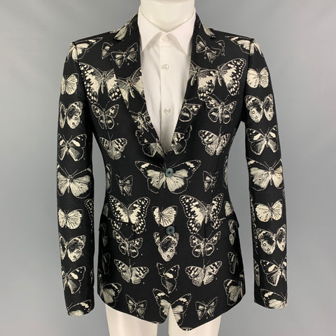 ALEXANDER MCQUEEN FW 16 Size 40 Black Grey Beige Butterfly Print Wool Blend Sport Coat