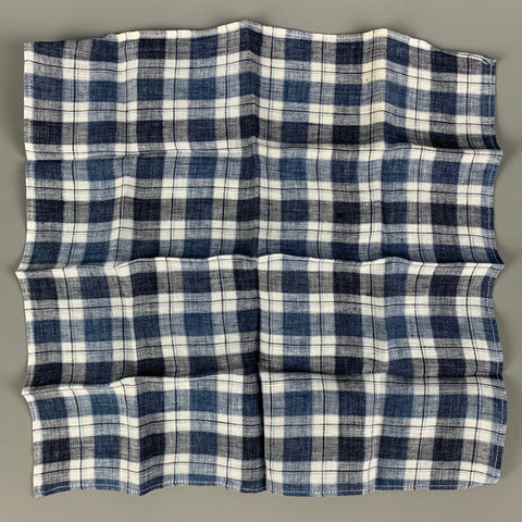 BRUNELLO CUCINELLI Navy Blue Brown Plaid Linen Pocket Square