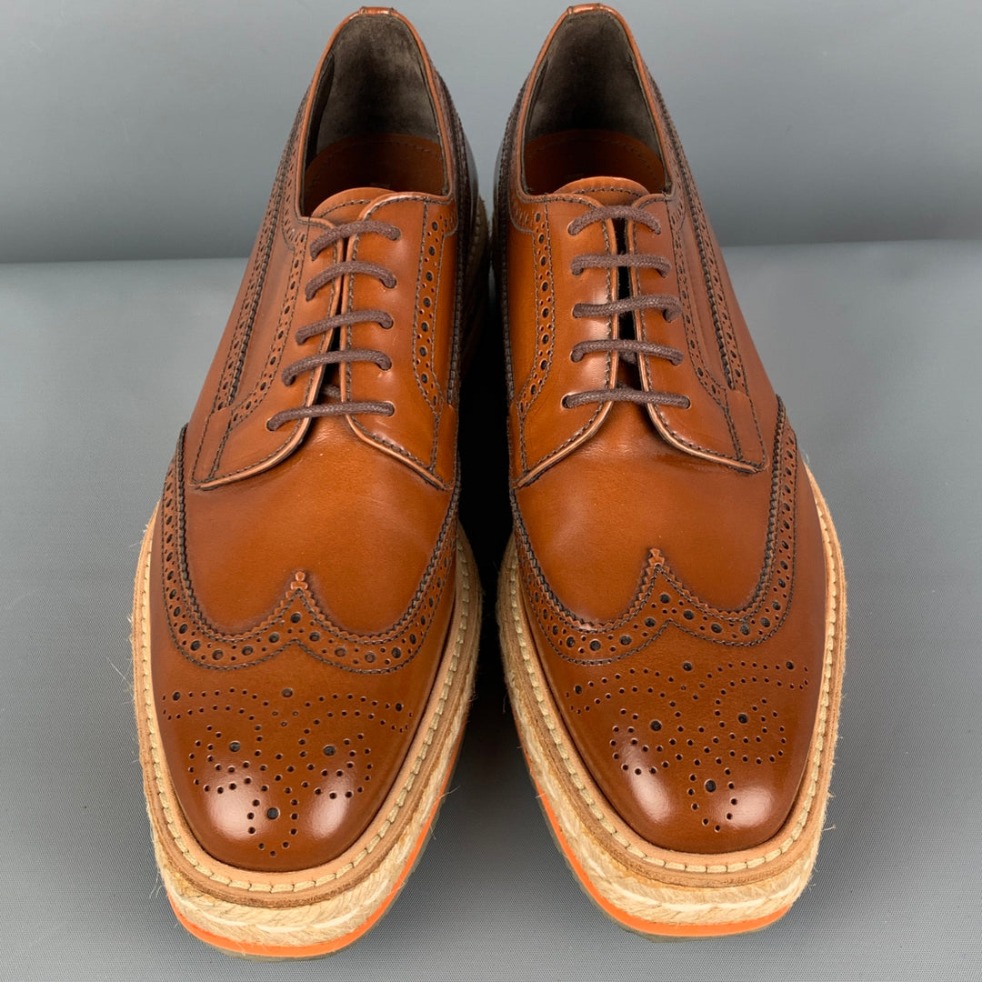 PRADA Size 10.5 Tan Orange Leather Perforated Wingtip Laces