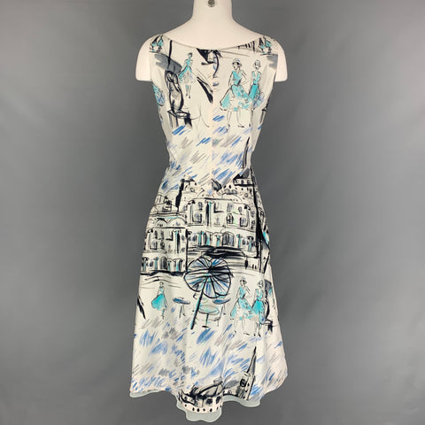 RICHARD TYLER Size 10 White Blue Silk Drawing Sleeveless Cocktail Dress