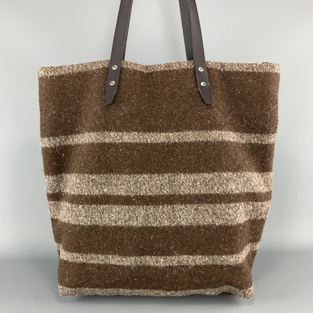 STEVE MONO Striped Textured Brown Wool Black Leather Straps Tote Bag