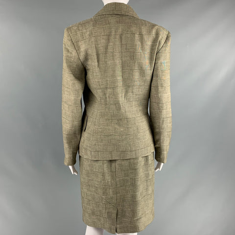 HERMES Size 10 Brown Beige Linen Plaid Single Breasted Skirt Suit