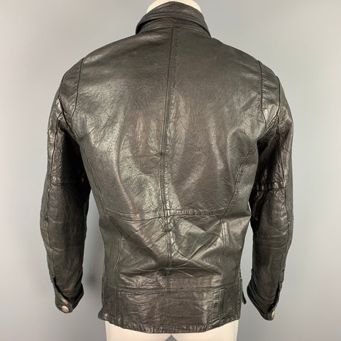 DIESEL Size M Black Wrinkled Leather Zip Up Jacket