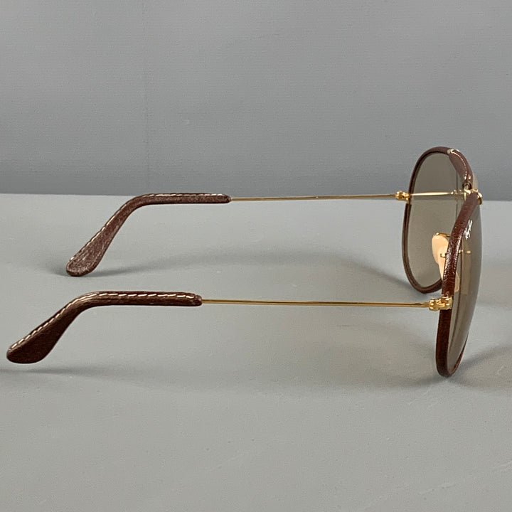 Vintage RAY-BAN Size Brown Leather Metal Aviator Sunglasses