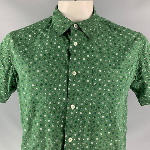 A.P.C. Size L Green Geometric Cotton &  Silk Short Sleeve Shirt