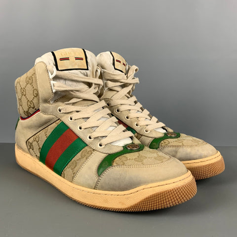 GUCCI Size 10.5 Tan Green & Red Distressed Canvas High Top Sneakers