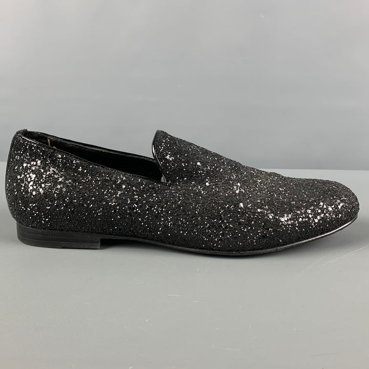 JIMMY CHOO Size 8 Black Glitter Leather Loafers