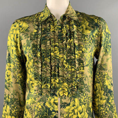 DRIES VAN NOTEN S/S 2020 Size L Green Print Viscose Zip Up Long Sleeve Shirt