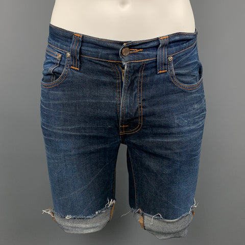 NUDIE JEANS Size 29 Blue Distressed Denim Zip Fly Cut-Off Shorts