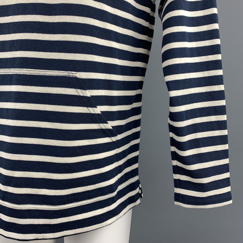 SAINT JAMES Size M Navy & Cream Stripe Cotton Hooded Kangaroo Pockets Sweatshirt