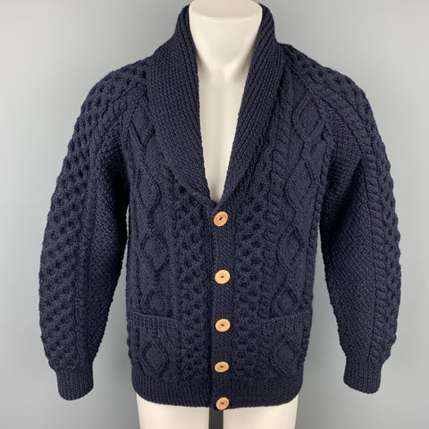 INVERALLAN Size L Navy Knit Wool Fisherman Cardigan