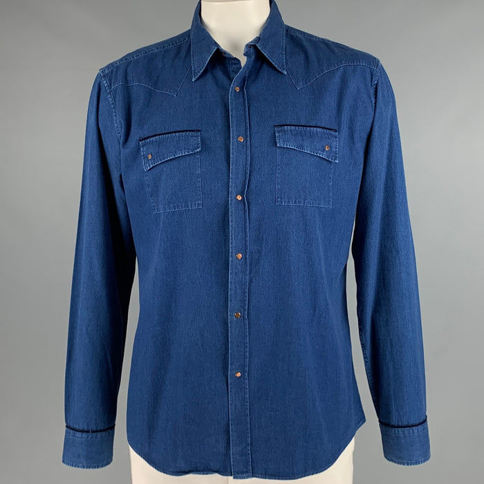 ETRO Size XL Indigo Cotton Snaps Long Sleeve Shirt
