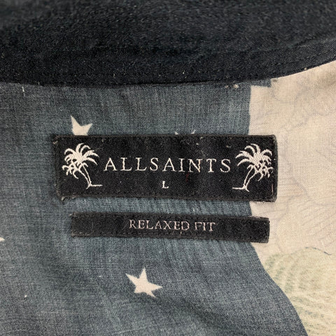 ALLSAINTS Size XXL Black & Beige Print Viscose Camp Short Sleeve Shirt