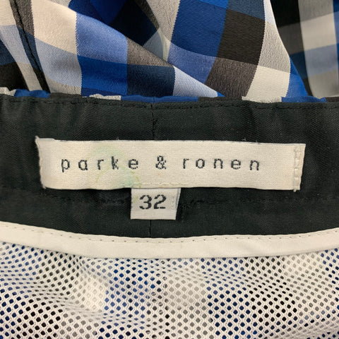 PARKE & RONEN Size 32 Blue White Black Checkered Polyester Nylon Swim Trunks