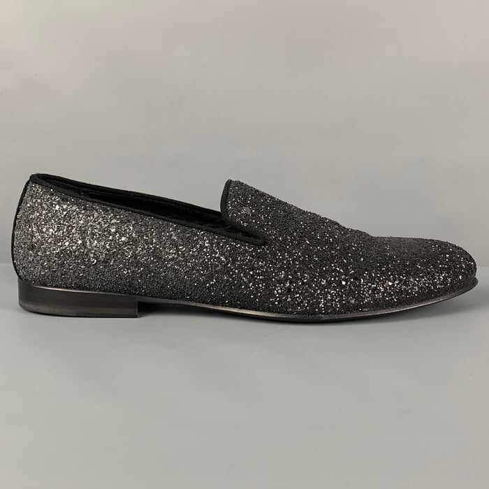 JOHN GALLIANO Size 13 Black Silver Glitter Suede Slip On Loafers