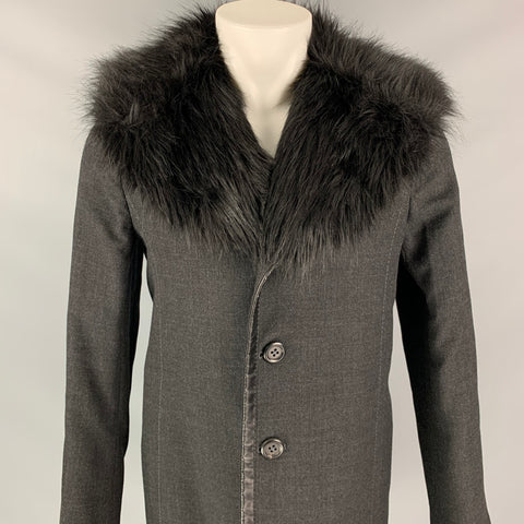 MARC JACOBS Size L Charcoal Wool Faux Fur Lapel Car Coat Coat