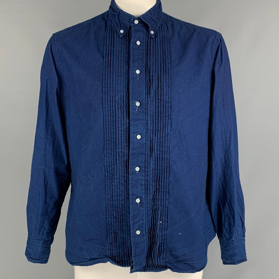 GITMAN BROS Size XL Indigo Pleated Cotton Button Down Long Sleeve Shirt
