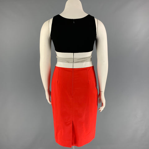 CAROLINA HERRERA Taille 10 Robe fourreau en coton noir rouge couleur bloc
