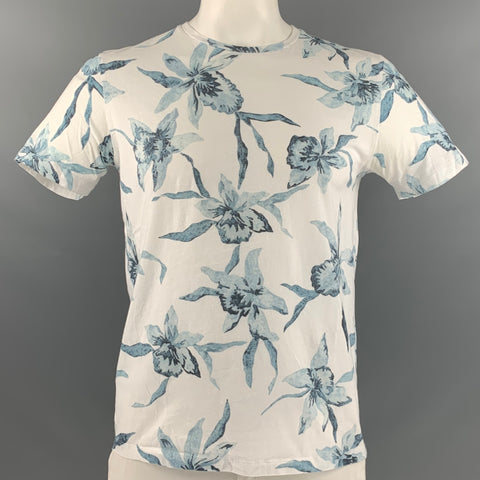 HENTSCH HOMME Taille L T-shirt col rond en coton fleuri blanc marine