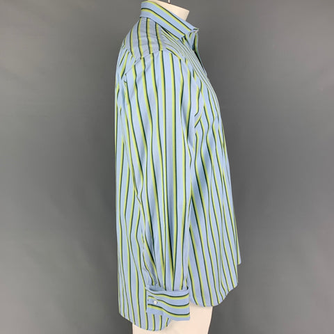THOMAS PINK Size L Light Blue Green Stripe Cotton French Cuff Long Sleeve Shirt