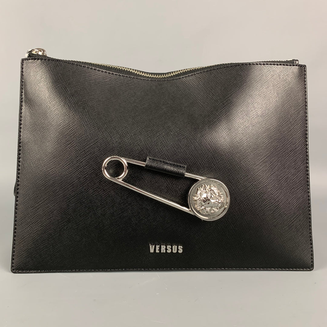 VERSUS by GIANNI VERSACE Black Leather Safety Pin Wristlet Bag