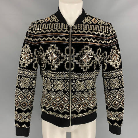VINTAGE Size M Black & Silver Sequined Velvet Bomber Jacket