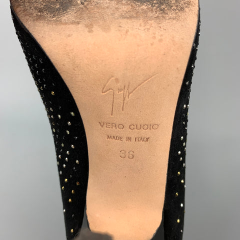 GIUSEPPE ZANOTTI Talla 6 Zapatos de tacón de ante con cristales en negro y plateado