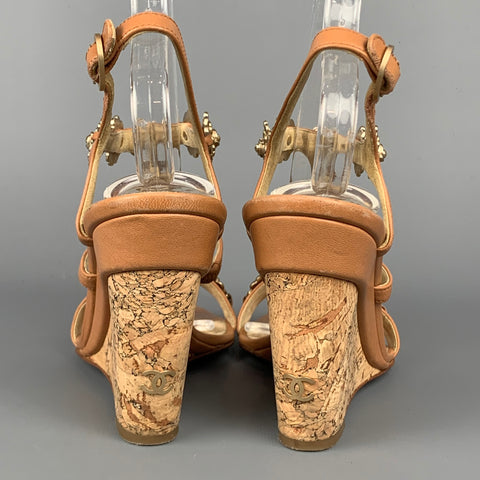 CHANEL Camelia Size 6.5 Tan & Gold Leather T-strap Cork Wedge Sandals