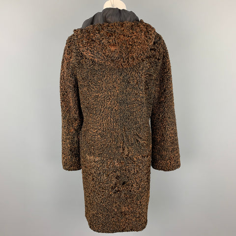 VINTAGE Size M Brown Stripe Astrakhan Fur Reversible Hooded Jacket