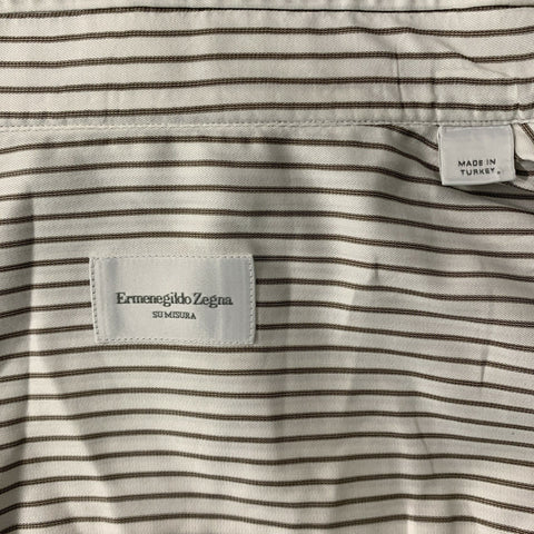 ERMENEGILDO ZEGNA Size L White & Brown Stripe Cotton Button Down Long Sleeve Shirt