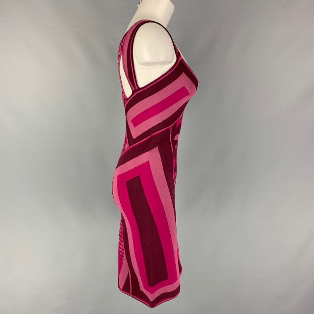 ZAC POSEN Talla M Vestido sin mangas con estampado de rayón y lycra en color berenjena y rosa