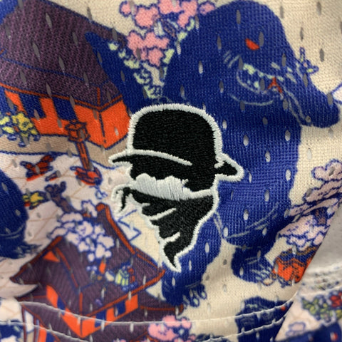 VINTAGE GODZILLA Print  Size 28 Blue Pink Cartoon Drawstring Swim Trunks