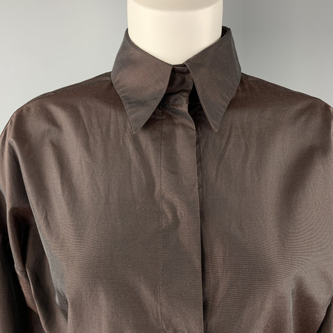 YVES SAINT LAURENT Size M Brown Taffeta Hidden Placket Blouse