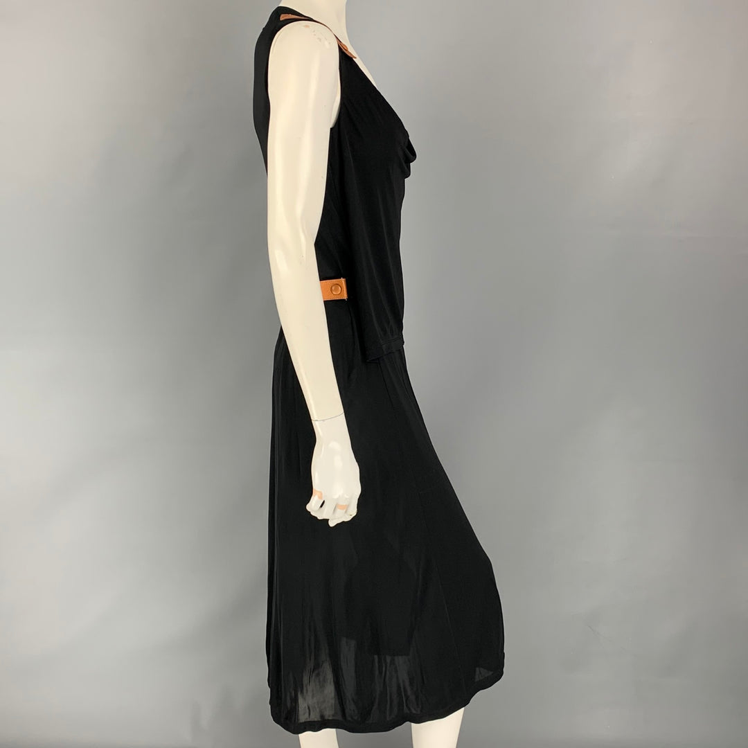 JEAN PAUL GAULTIER Size 6 Black & Tan Rayon Blend Mixed Fabrics Leather Wrap Dress
