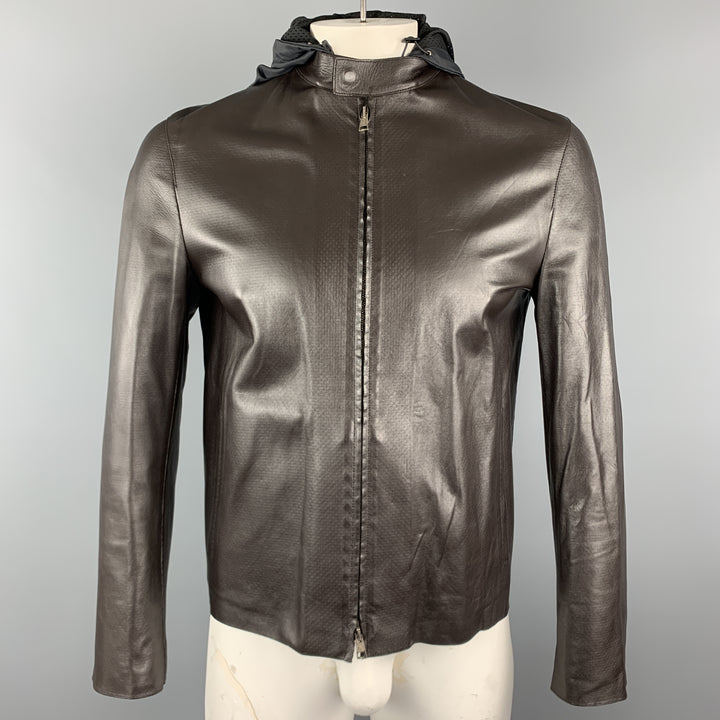 NEIL BARRETT Size M Brown Leather Zip Off Hood Biker Jacket