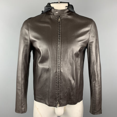 NEIL BARRETT Size M Brown Leather Zip Off Hood Biker Jacket
