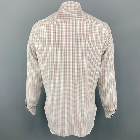 ISAIA Size XL Plaid White & Brown Cotton Button Up Long Sleeve Shirt