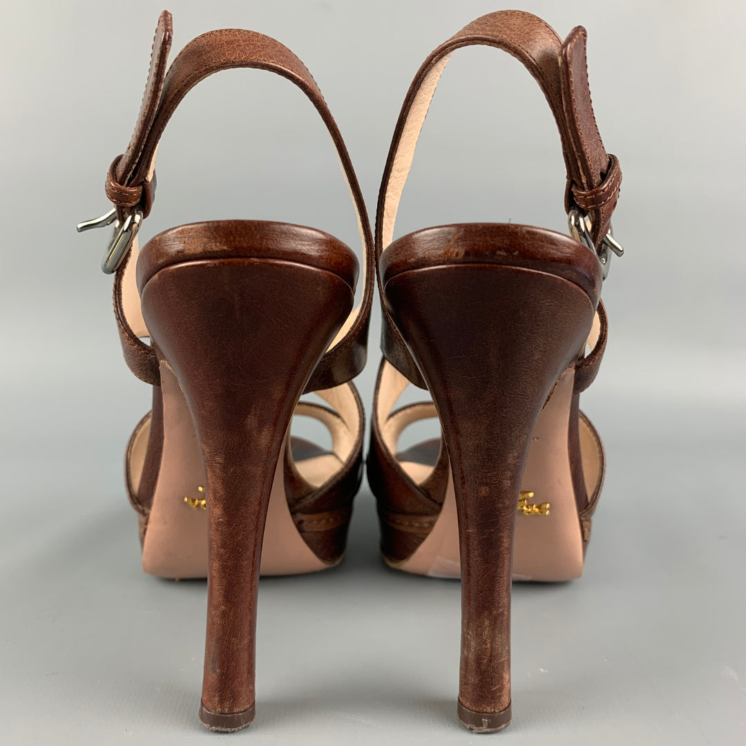 PRADA Size 8 Brown Leather Platform Sandals