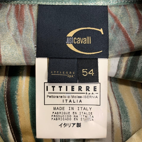 JUST CAVALLI Size XL Beige & Green Print Silk Button Up Long Sleeve Shirt
