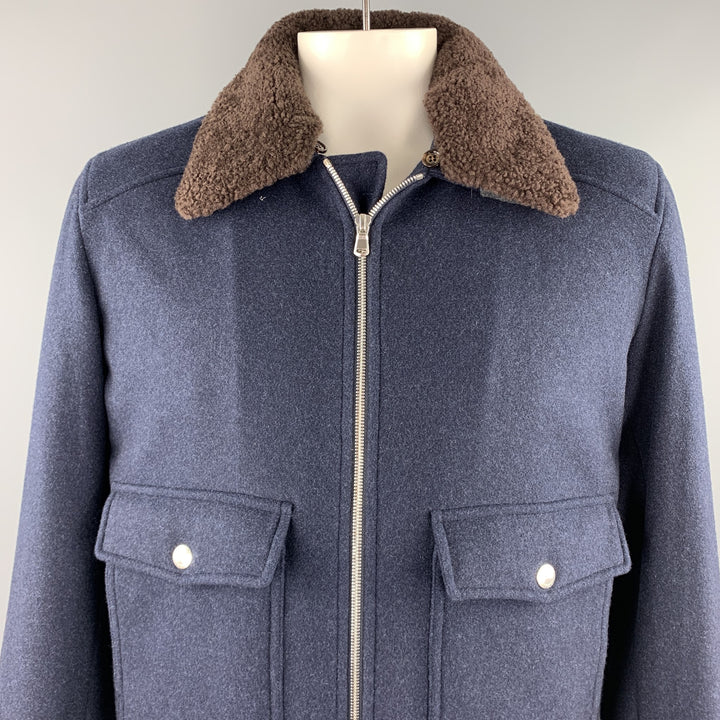 BRUNELLO CUCINELLI Size XL Navy Cashmere Zip Up Fur Collar Jacket