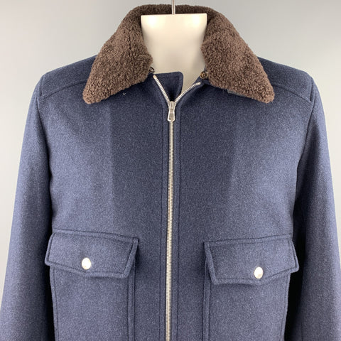 BRUNELLO CUCINELLI Size XL Navy Cashmere Zip Up Fur Collar Jacket