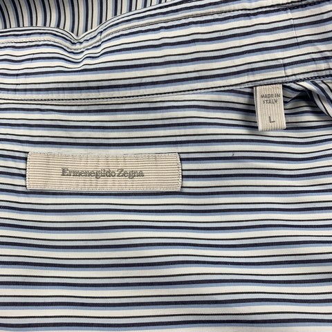 ERMENEGILDO ZEGNA Size L Blue & White Stripe Cotton Button Up Long Sleeve Shirt