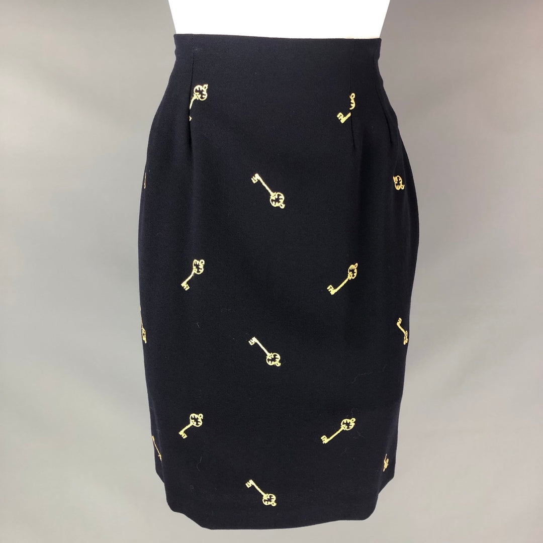 AUSTIN REED Size 6 Navy Yellow Wool Embroidered Pencil Skirt