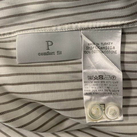 ERMENEGILDO ZEGNA Size L White & Brown Stripe Cotton Button Down Long Sleeve Shirt
