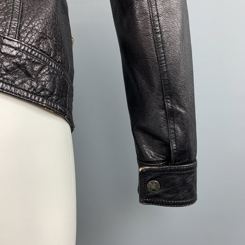 EMPORIO ARMANI Size S Black Leather Full Zip Patch Pockets Distressed Jacket